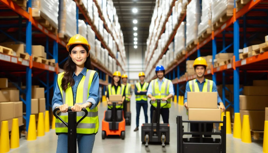 well organized warehouse with staff using material handling equipments